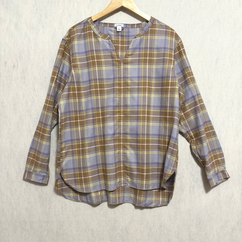 L.L.Bean Whisperweight Flannel Popover Shirt Minimal Gray Plaid Cotton 523202 L